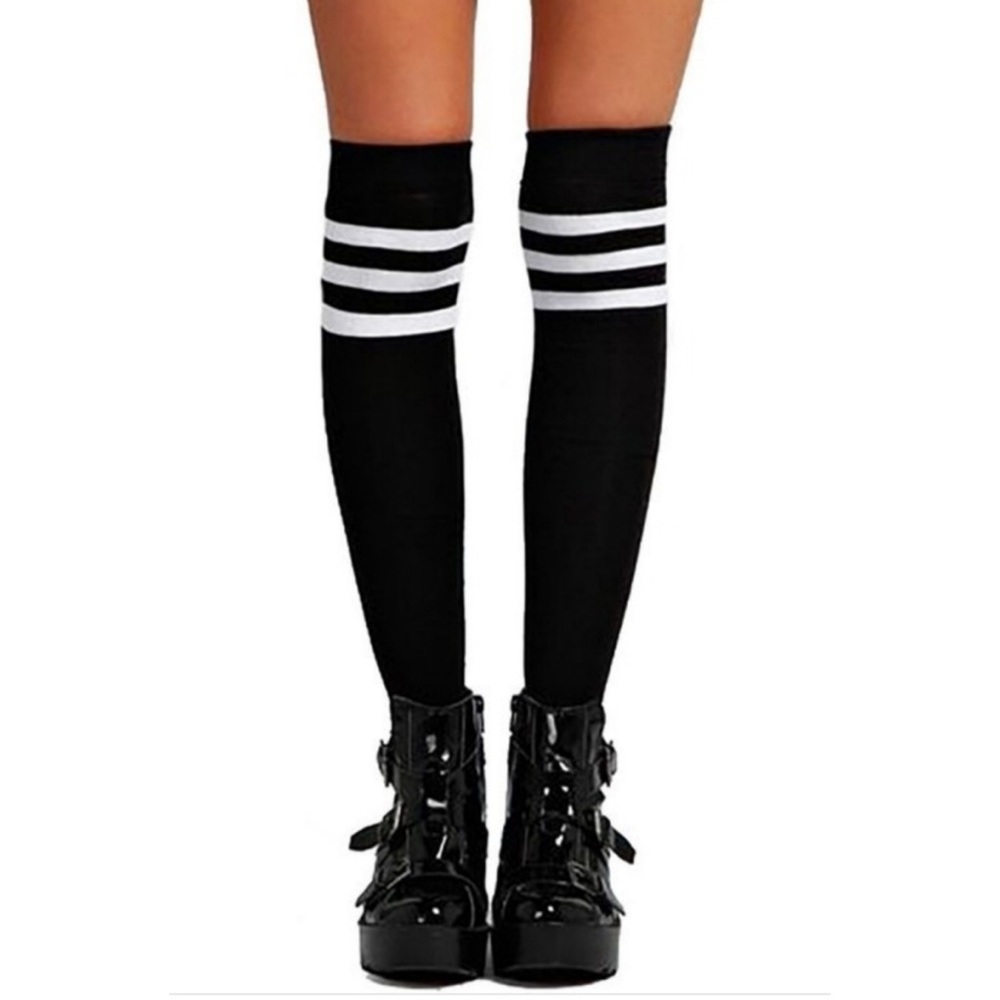 Women’s Black Knee High Socks | White Stripes